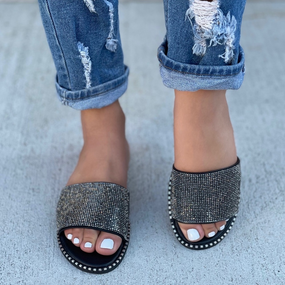 Black Rhinestone Flat Sandals